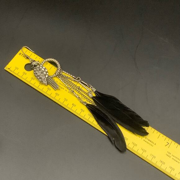 Parrot Black Feather Chandelier Dangle Statement Earrings Rhinestone Chain Link - Picture 9 of 11